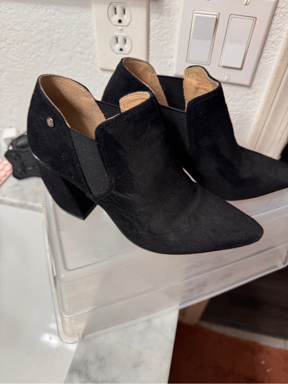 ANTONIO MELANI Black Suede Pointed Booties with Block Heel